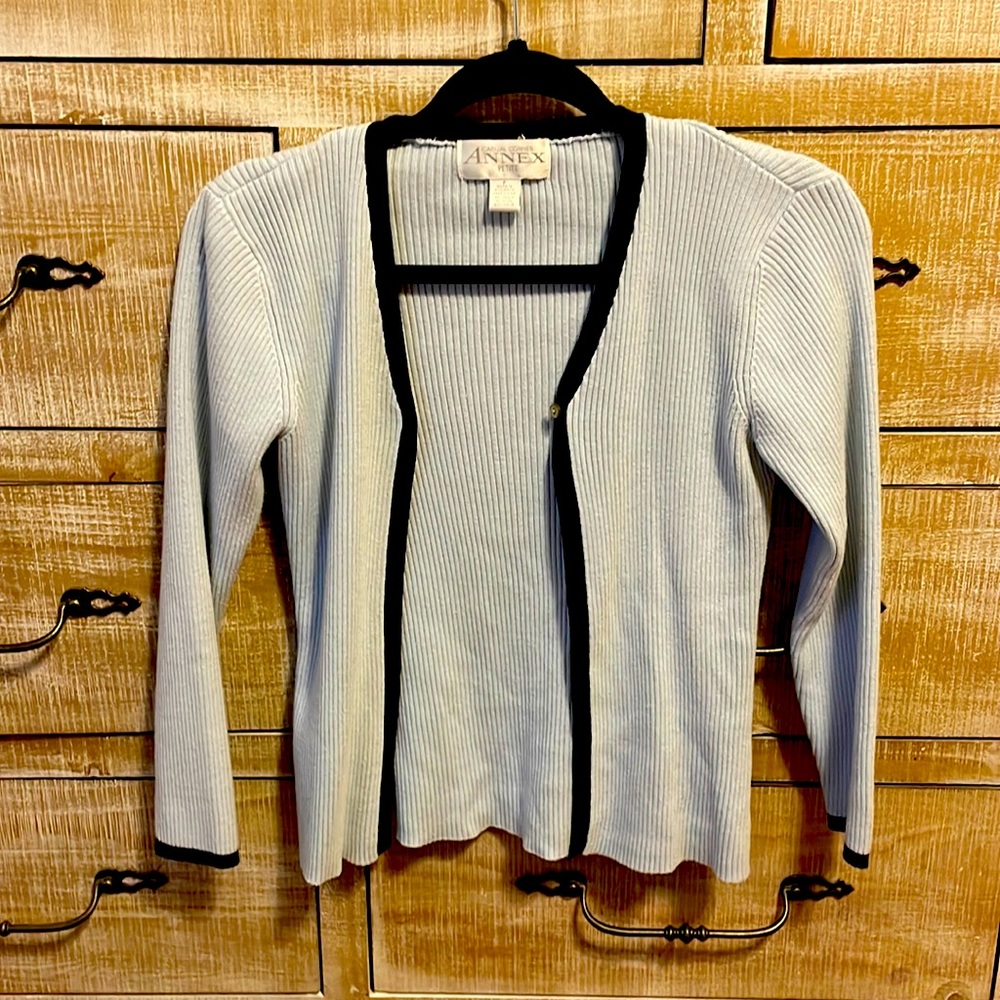 Baby blue and navy rimmed sweater